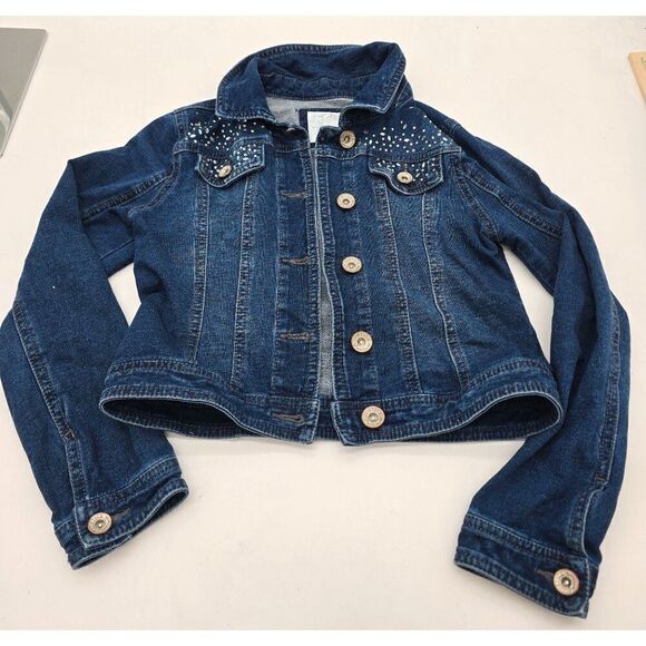 Justice Girls Denim Jacket With Rhinestone Studded Shoulders & Button Front Clos - Picture 1 of 8
